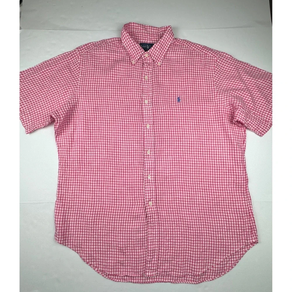Ralph Lauren Shirt XL Linen Pink Gingham Preppy Short Sleeve Classic Fit Button